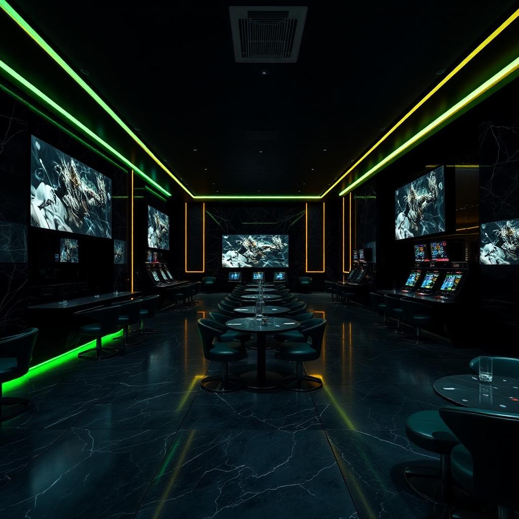 Dark luxury gaming lounge with gold trim and green accent lighting